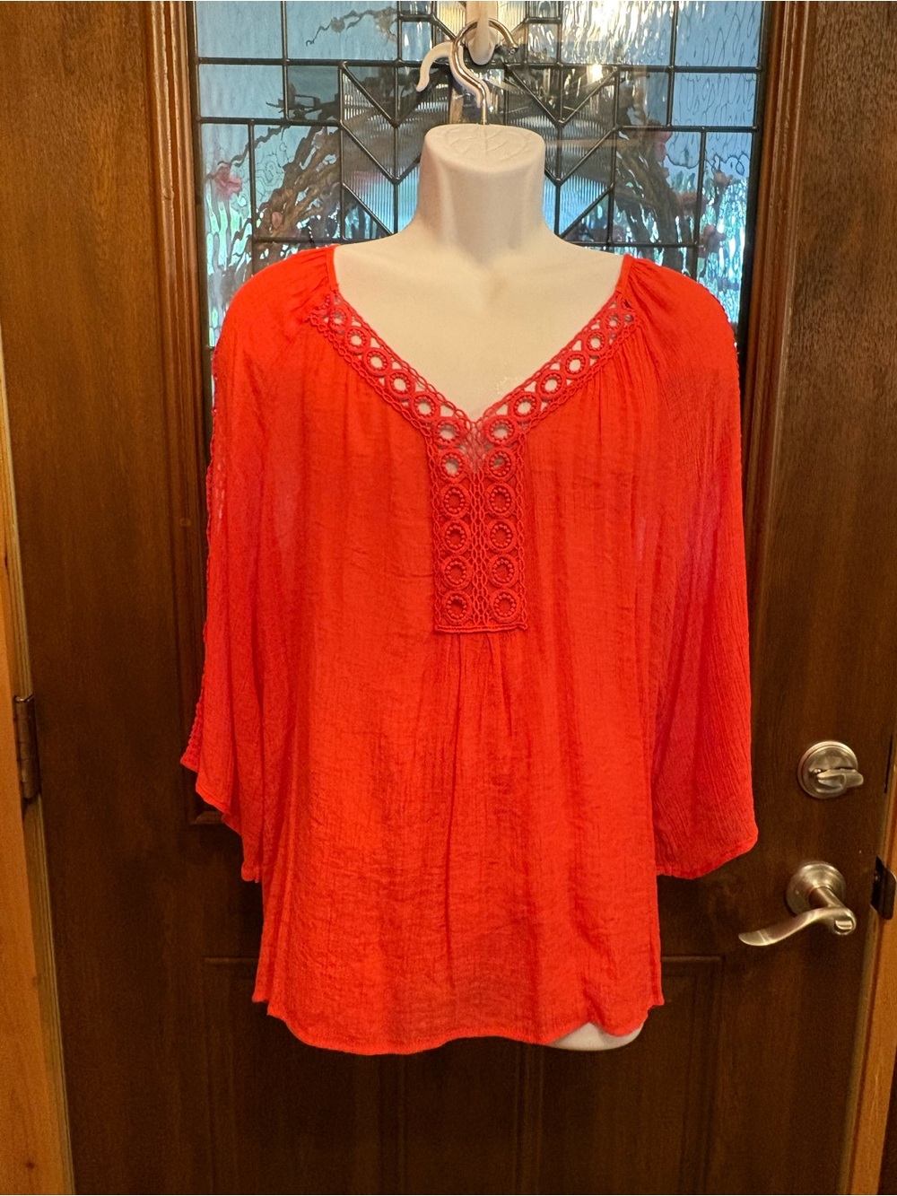 Women’s Red Crochet-Trim Peasant Top 2X
